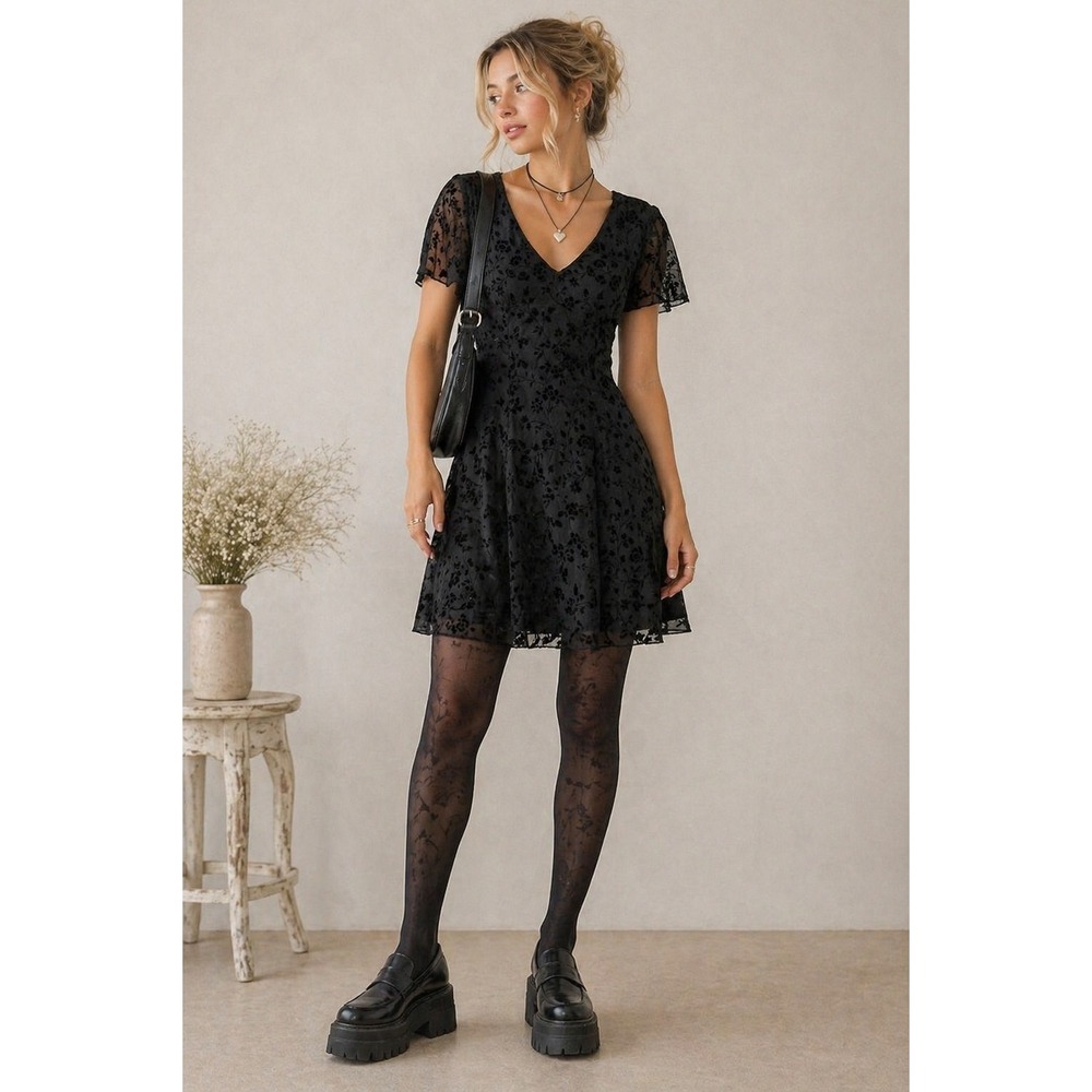 Dark Coquette Whimsigoth‎ Black Dress Women 2 Velvet Burnout Floral  Flowy Mini